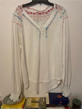 Free People White Boho Crochet-Trim Long Sleeve Tunic